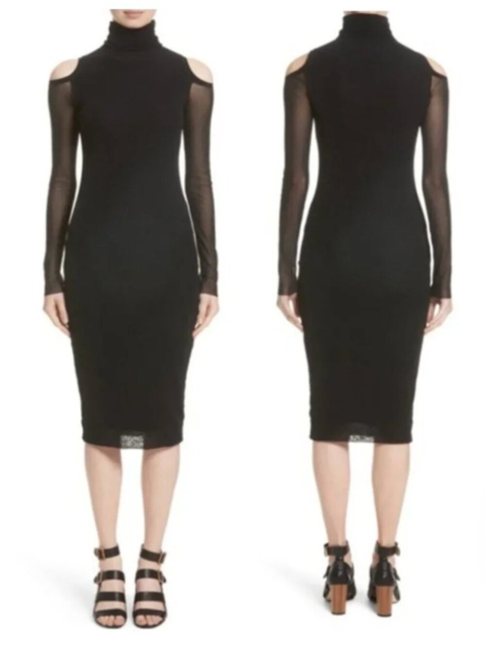 JEAN PAUL GAUTIER/FUZZI Mesh Cold Shoulder Black Turtleneck Dress